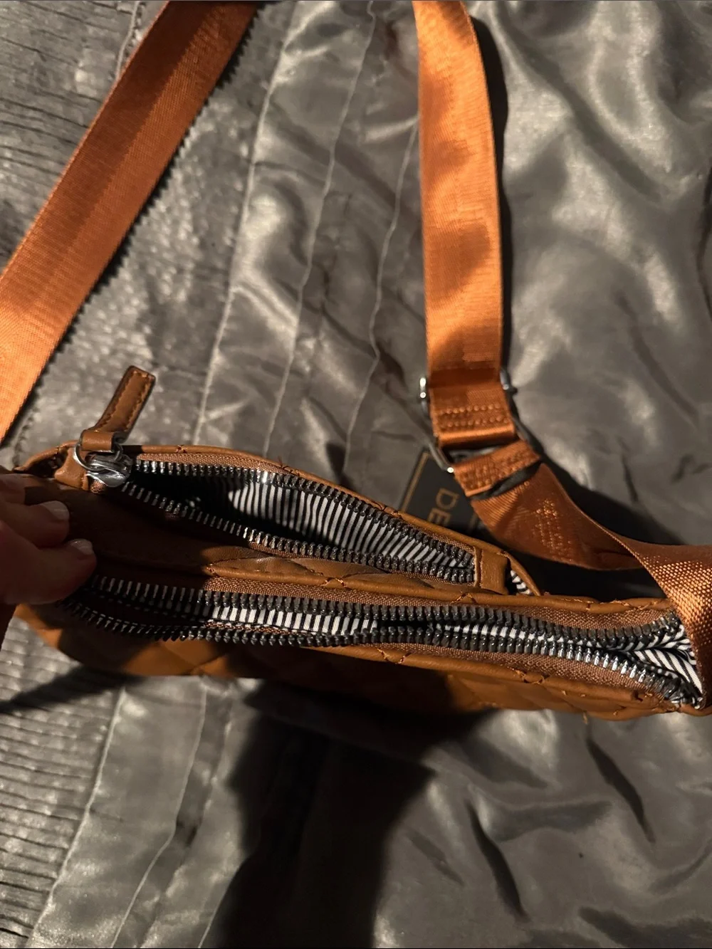Deluxity Quilted Tan Crossbody Bag with Adjustable Strap